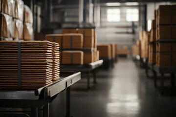 Obraz premium Brown Rectangular Cookies Stacked on a Conveyor Belt in a Factory
