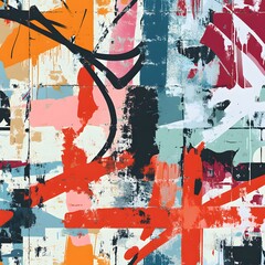Fototapeta premium A grungy and dynamic seamless graffiti-inspired pattern with distressed urban wall elements, colorful spray paint strokes, and bold, overlapping tags. The tileable design, combined with drips