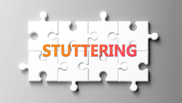 Stuttering complex like a puzzle - pictured as word stuttering on a puzzle pieces to show that stuttering is complex and needs cooperating pieces that fit together. ,3d illustration