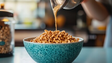 Pouring creamy sauce over cereal in a teal bowl.