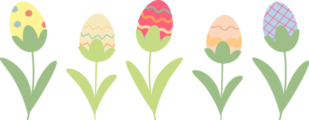 Pastel decorated eggs emerge from green flower stems, showcasing various patterns and colors, symbolizing springtime and festive celebrations. Easter elements set.