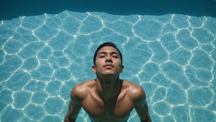 Active Thai man swimming in pool for fitness - sporty young man exercising and training in swimming pool for healthy lifestyle