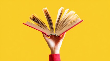 Person is holding a book open with the pages spread wide. The book is red and yellow