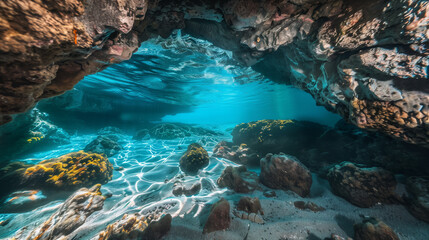 Stunning Underwater Cave with Sunlight and Coral Formations