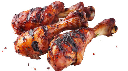Delicious roasted chicken drumsticks falling on transparent background