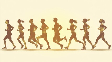 Silhouettes of diverse runners jogging in a row.