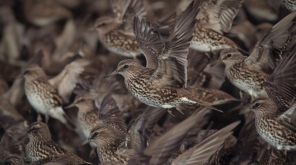 Coastal birds taking flight, flock dynamic, beach background, wildlife photography