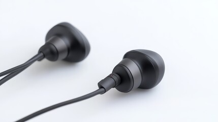 A close-up of a pair of headphones with a cable on a white isolated background