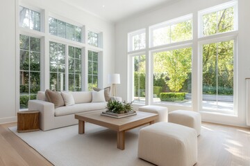Obraz premium Elegant living room with large windows and modern furniture in a serene setting surrounded by greenery