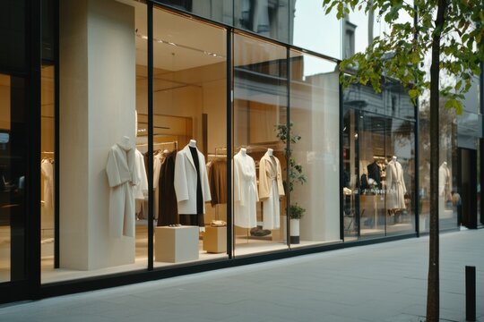 Elegant storefront window displays modern apparel in an urban setting during twilight hours