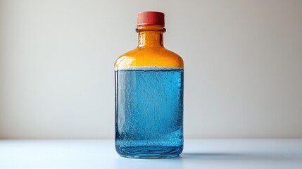 Amber and blue glass bottle with liquid and foam, simple background