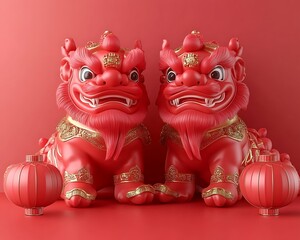 Red guardian lions, Lunar New Year
