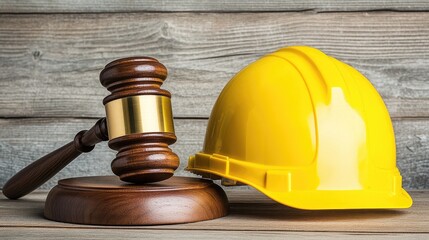 A legal setting with a wooden judge's gavel next to a bright yellow construction helmet, symbolizing workers' rights.