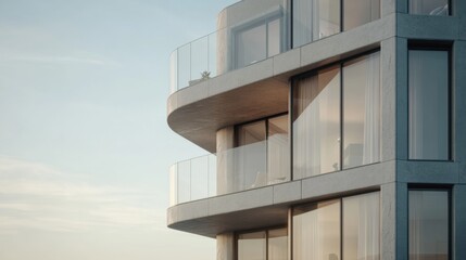 Luxurious high-rise apartment with modern architecture and panoramic views of the city skyline at sunset