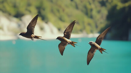 Three birds flying over a lake in the mountains; nature background; perfect for travel brochures