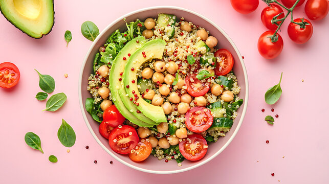 quinoa salad, avocado, chickpeas, healthy food, fresh ingredients, plant-based, vegan, vegetarian, organic, nutritious, gourmet, superfood, basil, tomato, pink background, clean eating, wholesome, fib