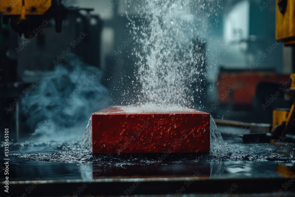 Aufkleber red hot metal billets immersed in water, creating clouds of steam in a busy workshop filled with too