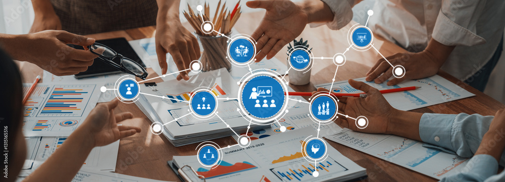Fototapete A dynamic business meeting scene showcasing a diverse group discussing data analysis and strategies, surrounded by charts and graphs that represent their collaborative efforts. Amity