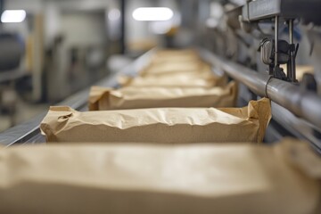 Automated Packaging Line: Filling Paper Bags with Beige Granular Product