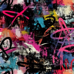 A high-resolution seamless graffiti pattern featuring rough spray-painted layers, chaotic scribbles, and dripping paint. The design blends neon and muted colors with aged wall textures, capturing