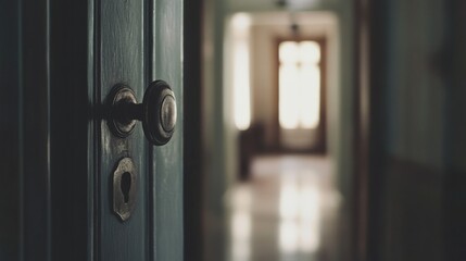 Ajar teal door with antique knob, hallway beyond.