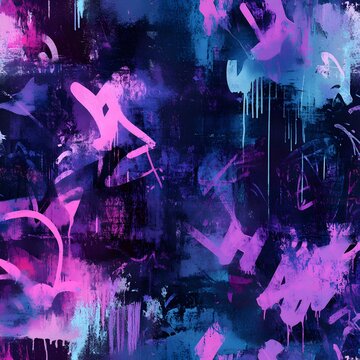 A high-resolution seamless graffiti pattern featuring rough spray-painted layers, chaotic scribbles, and dripping paint. The design blends neon and muted colors with aged wall textures, capturing