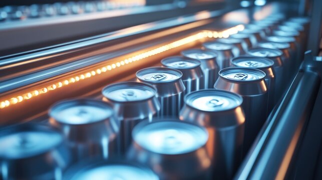 Conveyor Belt of Sparkling Aluminum Cans, Close-up View
