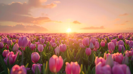 A vibrant tulip field with rows of colorful flowers, a clear sky, and soft sunlight in