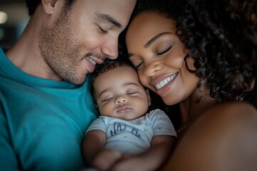 Man and a woman are holding a baby. The baby is sleeping. The man is smiling