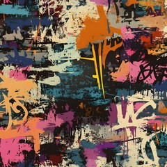 A high-resolution seamless graffiti pattern featuring rough spray-painted layers, chaotic scribbles, and dripping paint. The design blends neon and muted colors with aged wall textures, capturing