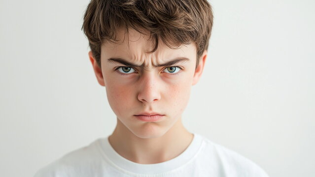 Young white boy teenager with angry facial expression