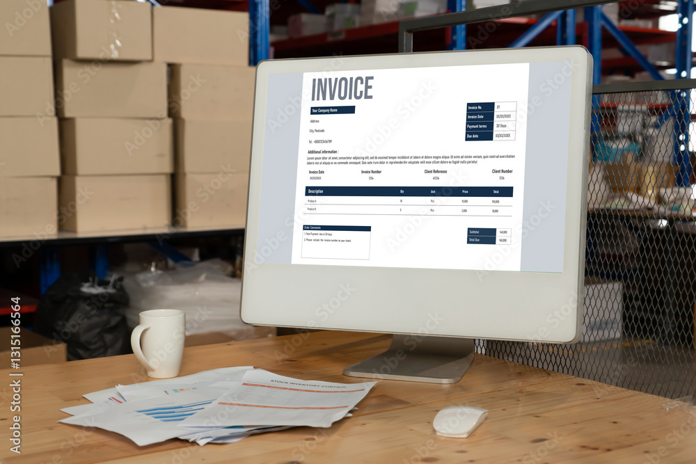 Poster invoice on computer screen from accounting application. computer program for financial and budget of