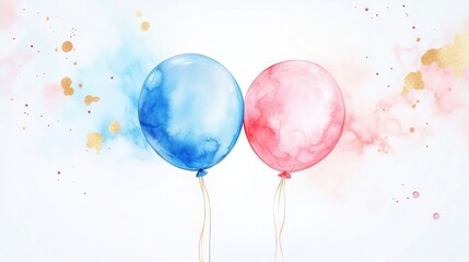 Watercolor painting of two balloons, blue and pink, with gold confetti.