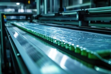 Automated Production Line: Teal and Green Products Moving on Conveyor Belt