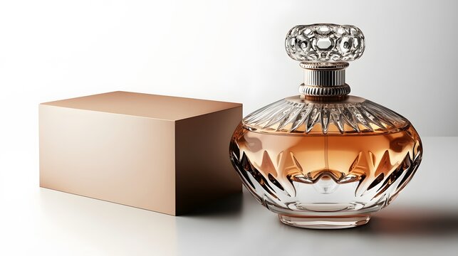Realistic close-up of a designer perfume bottle with an ornate cap & elegant box, displayed on a white background