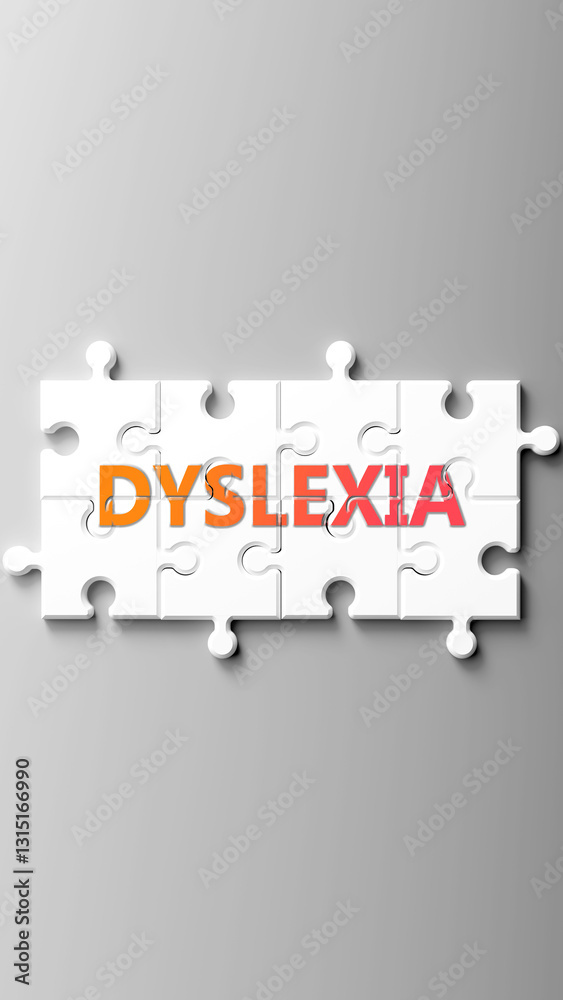 Poster dyslexia complex like a puzzle - pictured as word dyslexia on a puzzle pieces to show that dyslexia 