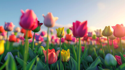 A vibrant tulip field with rows of colorful flowers, a clear sky, and soft sunlight in