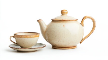 A vintage teapot with a matching teacup on a white isolated background