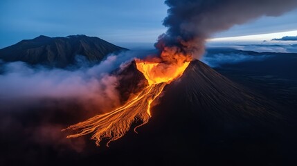 Volcano Erupts With Flowing Lava and Dramatic Smoke Against a Twilight Sky