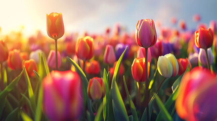 A vibrant tulip field with rows of colorful flowers, a clear sky, and soft sunlight in