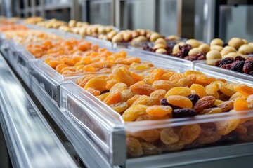 Rows of dried apricots and other dried fruits in clear containers