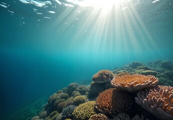 Naklejka premium Radiant Ocean Depths: A Coral Reef'S Majestic Glow