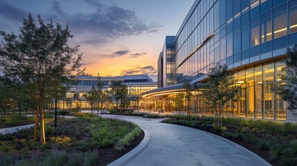 Obraz premium Nestled in vibrant greenery, a contemporary building showcases expansive glass facades reflecting the soft glow of twilight