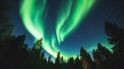 Mesmerizing Aurora Borealis Illuminates the Night Sky Over Dark Forest Landscape