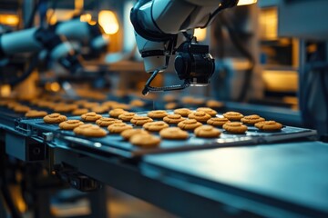 Cookies travel along a factory production line. The automated process is shown in detail, with machinery visible.