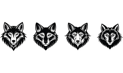 Set of wolf head black and white color silhouette