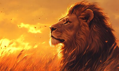 Naklejka premium Majestic Lion Portrait: King of the Jungle in Golden Light