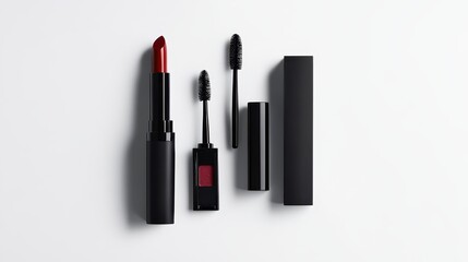 A set of makeup products including lipstick, mascara, and eyeshadow on a white isolated background