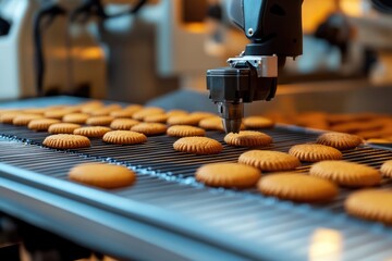 Cookies travel along a factory production line. The automated process is shown in detail, with machinery visible.
