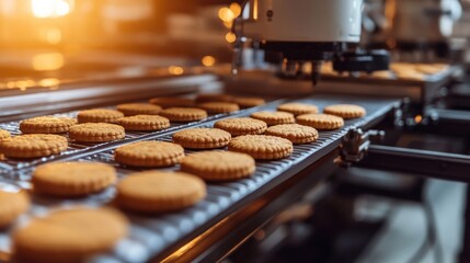 Cookies travel along a factory production line. The automated process is shown in detail, with machinery visible.